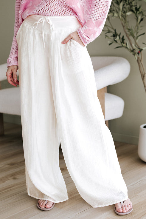 Casual Textured Tie Waist Pleated Wide Leg Pants