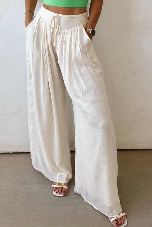 Casual Textured Tie Waist Pleated Wide Leg Pants