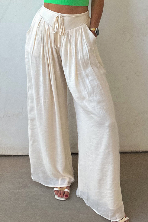 Casual Textured Tie Waist Pleated Wide Leg Pants
