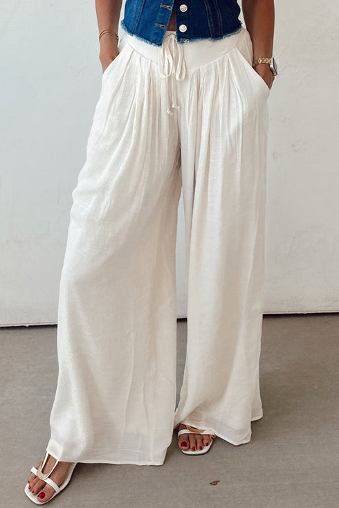 Casual Textured Tie Waist Pleated Wide Leg Pants
