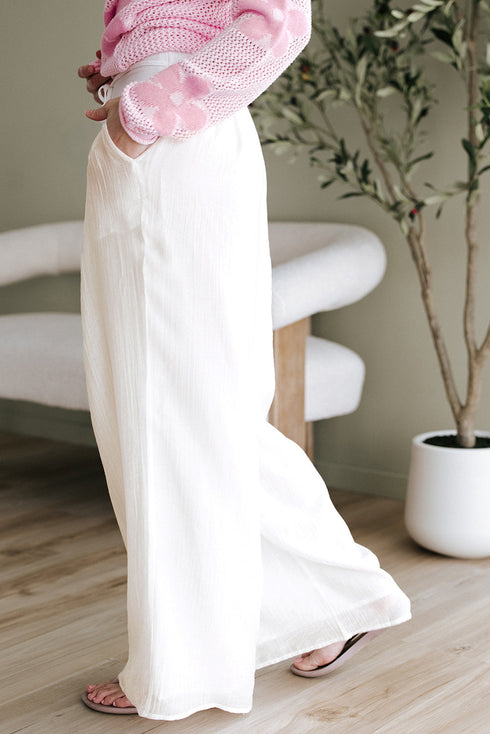 Casual Textured Tie Waist Pleated Wide Leg Pants