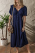 Casual V Neck Button Front Flutter Sleeve Empire Waist Midi Dress