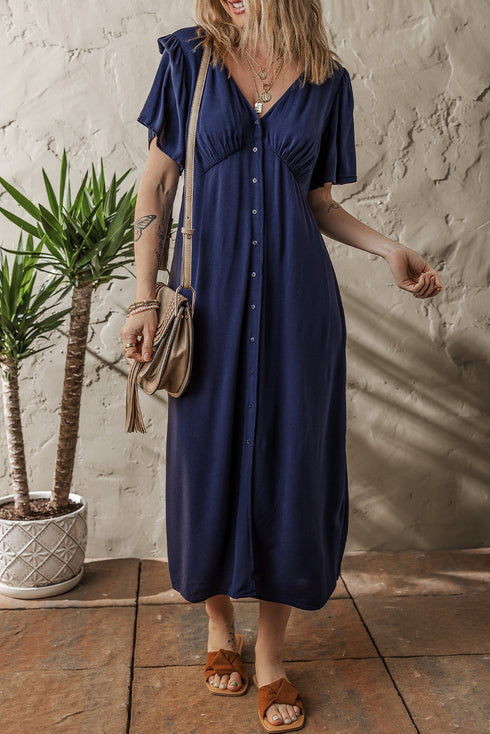 Casual V Neck Button Front Flutter Sleeve Empire Waist Midi Dress