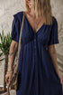 Casual V Neck Button Front Flutter Sleeve Empire Waist Midi Dress