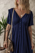 Casual V Neck Button Front Flutter Sleeve Empire Waist Midi Dress