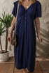 Casual V Neck Button Front Flutter Sleeve Empire Waist Midi Dress