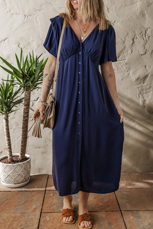 Casual V Neck Button Front Flutter Sleeve Empire Waist Midi Dress