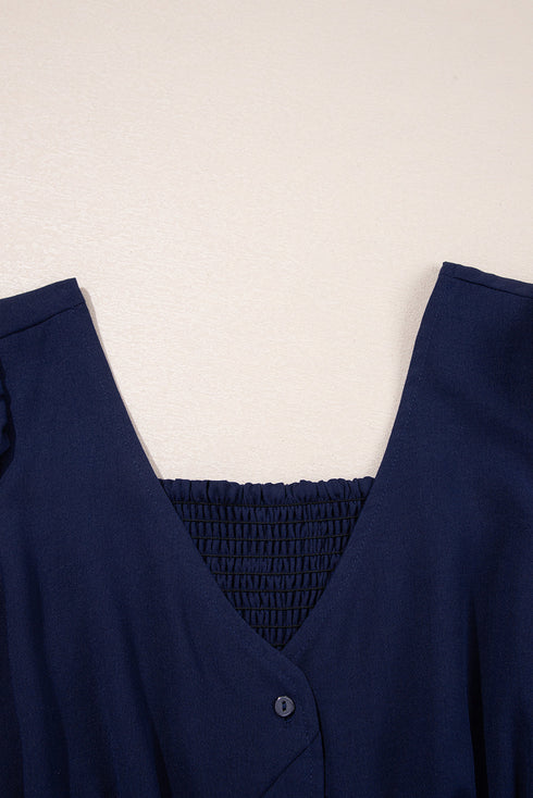 Casual V Neck Button Front Flutter Sleeve Empire Waist Midi Dress