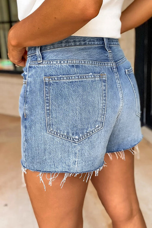 Casual Washed Raw Hem Solid Denim Shorts