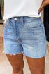 Casual Washed Raw Hem Solid Denim Shorts