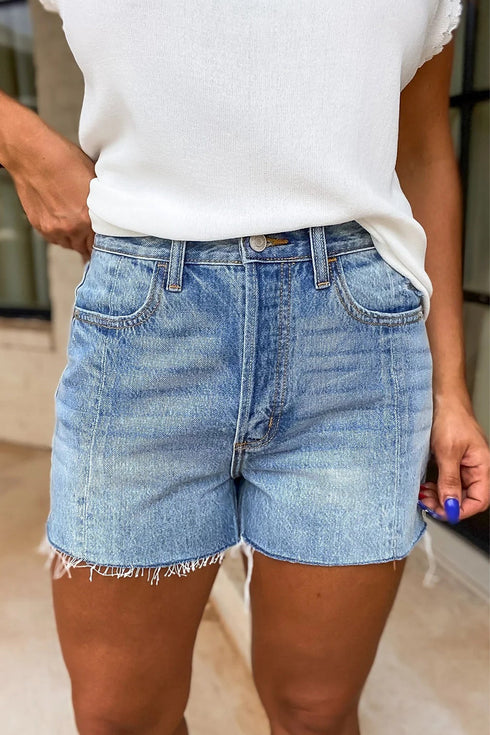 Casual Washed Raw Hem Solid Denim Shorts
