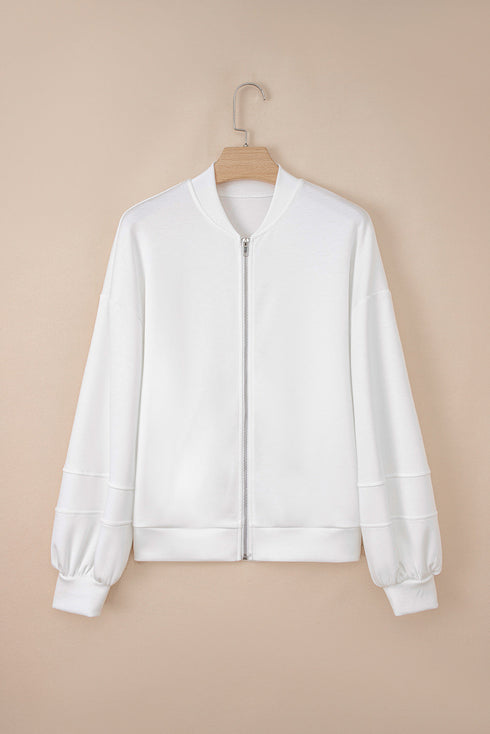 Casual Zip Up Knit Puff Sleeve Jacket