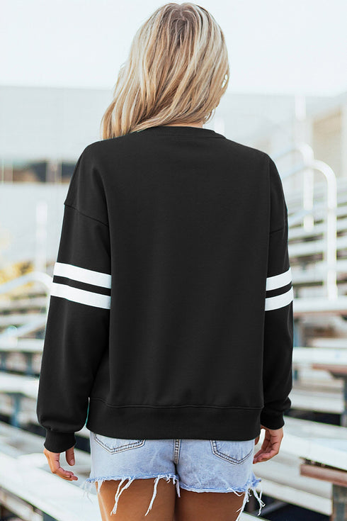 Sequined Ghost Bow Graphic Varsity Striped Sleeve Sweatshirt