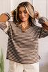 Striped Textured Collar V Neck Long Sleeve Pullover Top