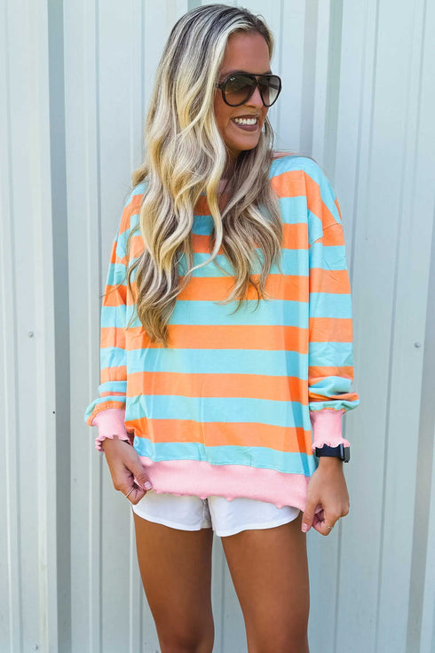 Ribbed Stripe Trim Round Neck Long Sleeve Shift Top