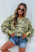 Camouflage Waffle Knit Raw Edge Trim Oversized Long Sleeve Top