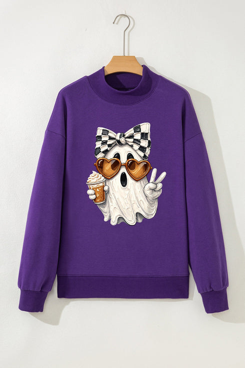 Cute Ghost Print Mock Neck Friendly Spooky Sweatshirt