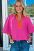 Southern Belle Paneled V Neck Wide Short Sleeve Blouse