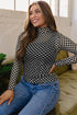 Sheer Mesh Checkered Print Mock Neck Long Sleeve Top