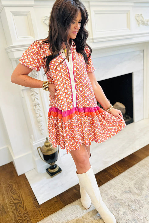 Geometric Patchwork Print Button Front Ruffle Hem Floral Dress