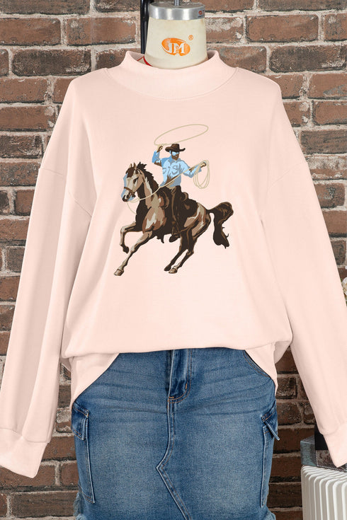 Cowboy Rodeo Print Western Mock Neck Sweatshirt