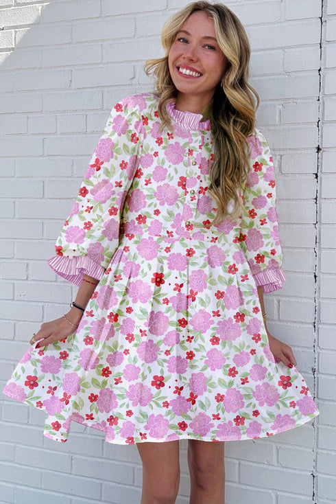 Southern Belle Striped Trim Frilled Neck Mini Floral Dress