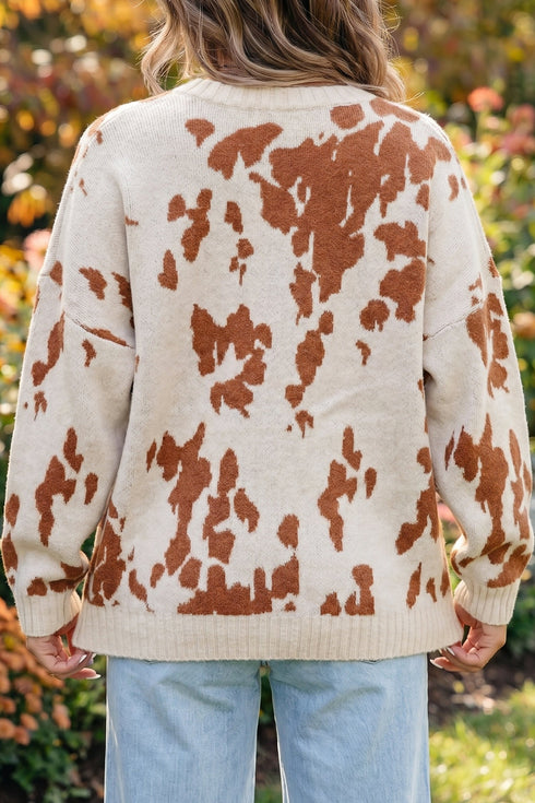 Abstract Print Drop Shoulder Long Sleeve Round Neck Sweater