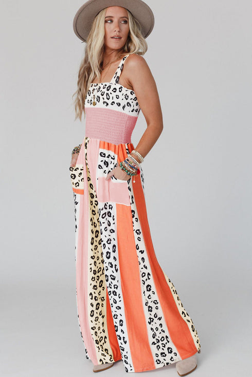 Leopard Mixed Print Western Pocketed Jumpsuit
