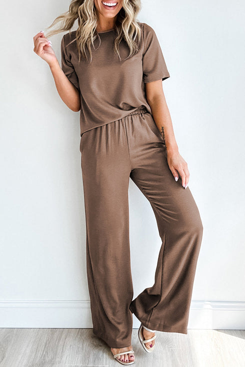 Casual Solid T Shirt Wide Leg Pant Set