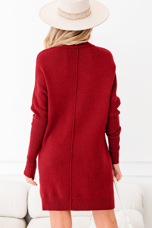 Cozy Mock Neck Ribbed Cuff Pocket Sweater Dress