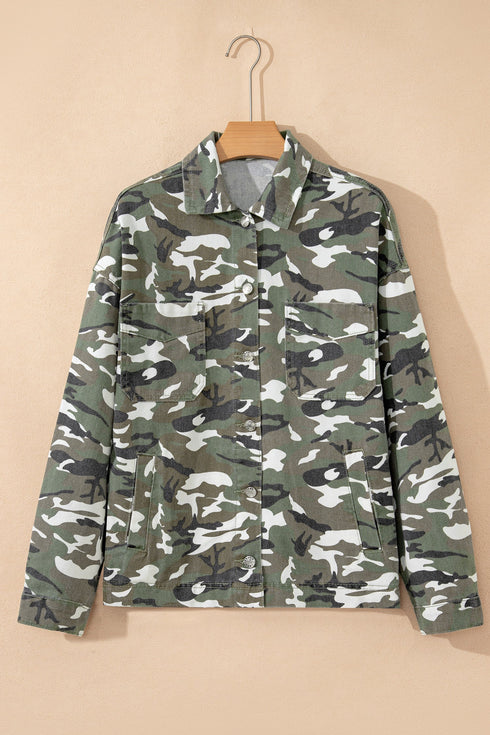 Camo Print Chest Pockets Loose Fit Denim Jacket
