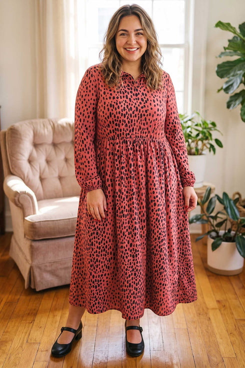 Leopard Print Long Sleeve V Neck Midi Dress