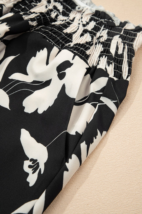 Bohemian Floral Print Smocked High Waist Wide Leg Pants