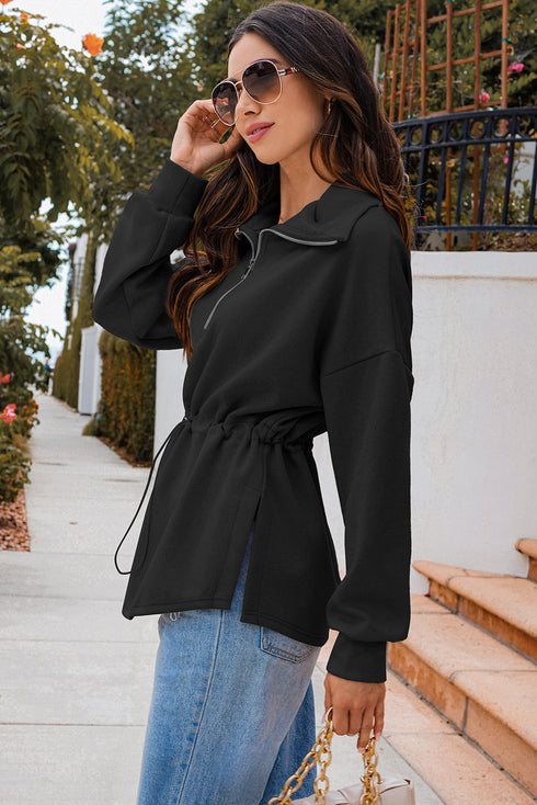 Dramatic Collar Half Zip Drawstring Waist Pullover Sweatshirt