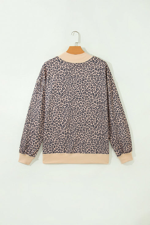 Leopard Print High Neck Long Sleeve Ribbed Cuffs Hem Sweatshirt
