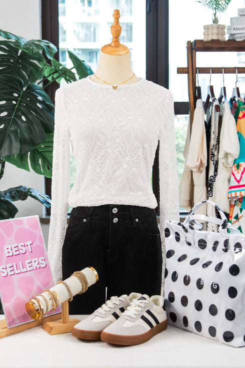 Sheer Mesh Lace Feminine Detail Long Sleeve Top