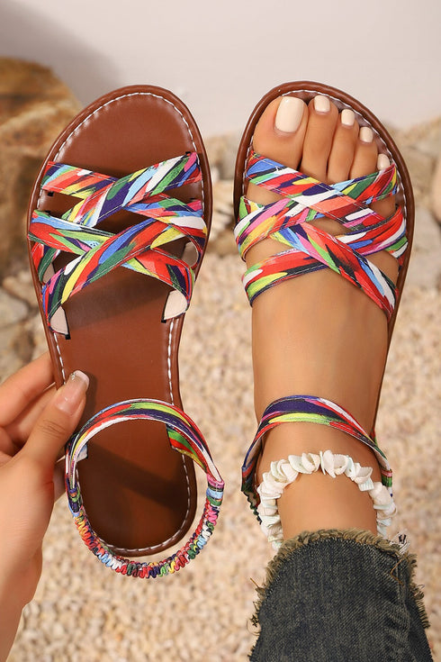 Polyester Caged Band Flat Roman Strap Sandals