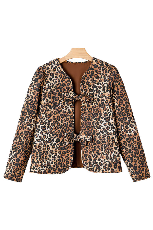 Exclusive All Over Leopard Print Quilted Tie Front Jacket