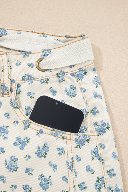 Grommet Knot Waist Floral Barrel Jeans