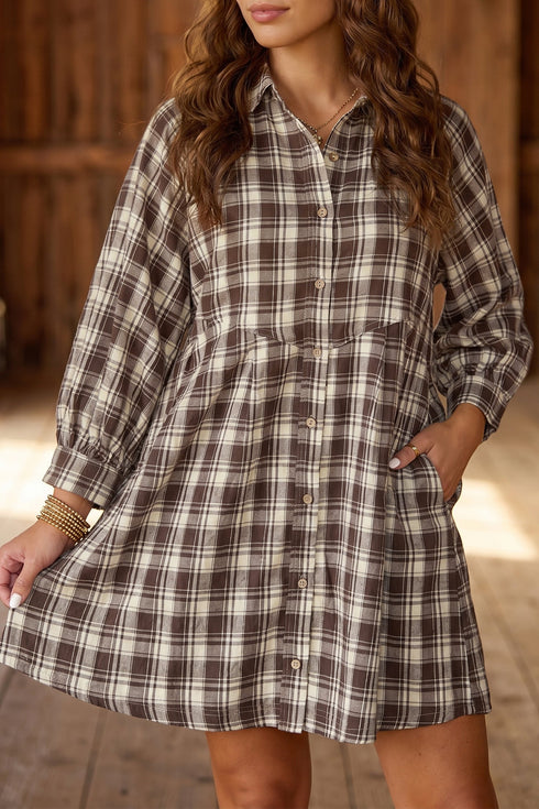 Southern Belle Plaid Long Sleeve Shift Mini Dress