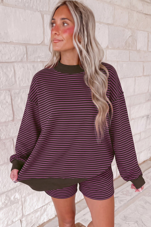 Striped Ribbed Patchwork Mock Neck Baggy Pullover Short Set