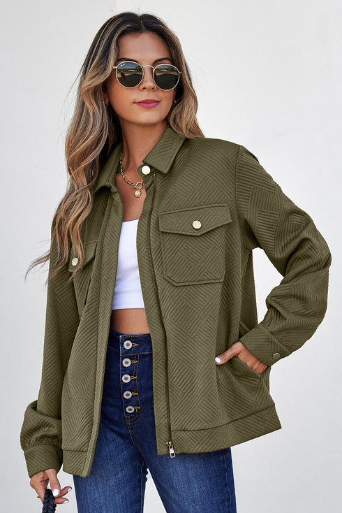 Casual Textured Flap Pocket Shirt Collar Zip Up Jackets