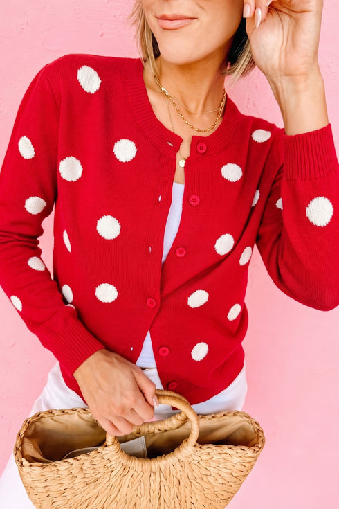 Polka Dot Button Front Long Sleeve Sweater Cardigan