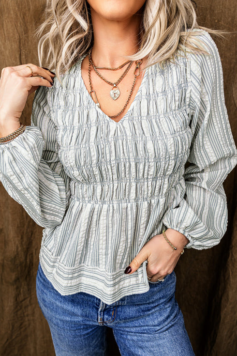 Striped Textured V Neck Shirred Southern Belle Long Sleeve Blouse