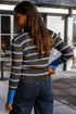 Striped Ribbed Knit Cuff Henley Button Sweater
