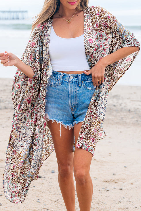 Bohemian Mixed Print Open Front Draped Kimono