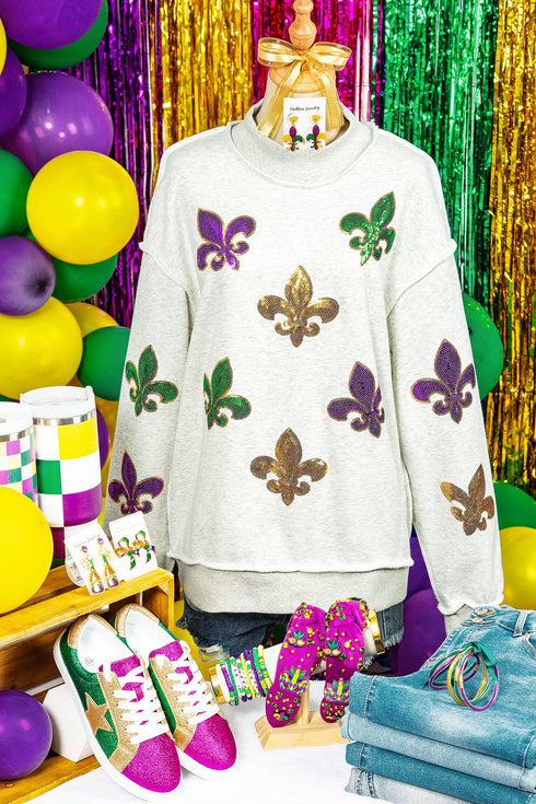Sequin Fleur De Lis Raw Edge Pullover Sweatshirt