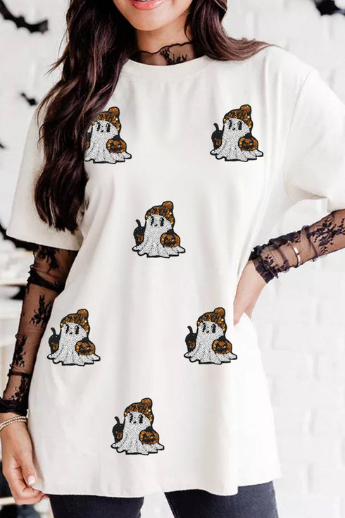 Sequin Ghost Print Short Sleeve Graphic Tee