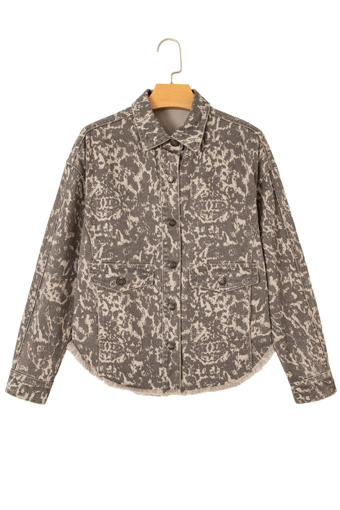 Abstract Print Long Sleeve Collar Raw Hem Denim Jacket