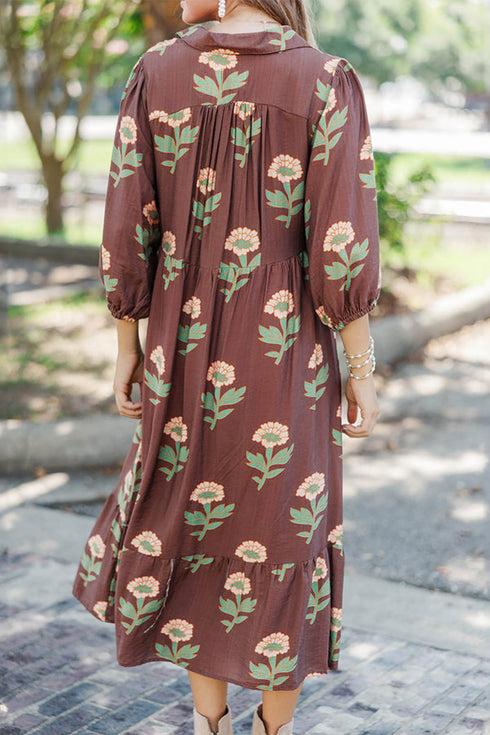 Floral V Neck Long Sleeve Loose Shift Maxi Dress